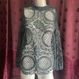 Anthropologie James Covello Dark Green Sheer Embroidered Lace Button Up Back XL